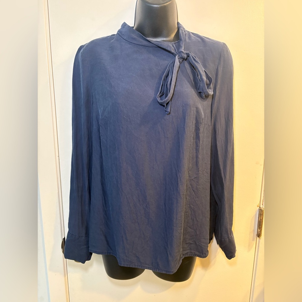 Boden Silk Navy Blue Tie-Neck Peasant Blouse Top Shirt, Women’s Sz 8